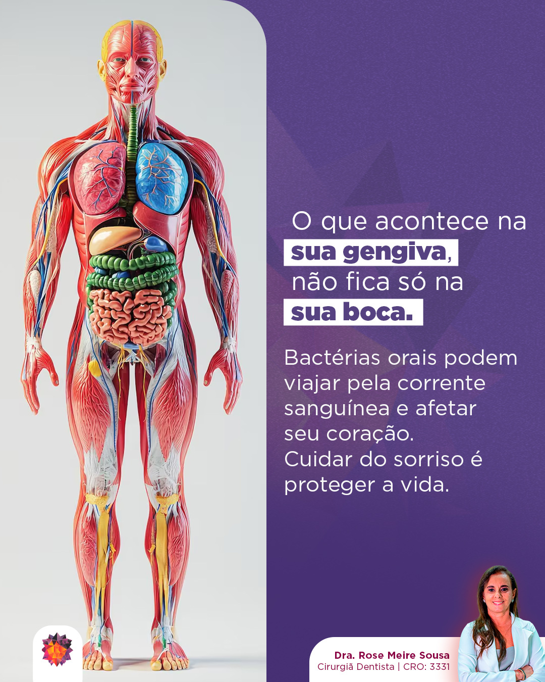 Você já parou para pensar que a sua boca não é um "departamento isolado" do resto do corpo?Muitas vezes, ignoramos um sangramento na gengiva achando que é algo simples. Mas, sob um olhar sistêmico, esse sangramento significa que existe uma "porta aberta" para que bactérias nocivas caiam na sua corrente sanguínea.E é aí que mora o perigo invisível.Estudos mostram que microrganismos presentes em doenças periodontais podem viajar pelo corpo e se alojar em órgãos vitais, como o coração, aumentando o risco de doenças cardiovasculares e endocardite.No meu consultório, o check-up vai muito além de procurar cáries. Nós avaliamos a saúde da sua gengiva como um indicador de saúde global.⚠️ Lembre-se: Gengiva saudável não sangra. Se você nota sangue ao escovar ou passar o fio, seu corpo está pedindo ajuda.Cuidar do sorriso é, literalmente, proteger a vida.
Vamos verificar como está a sua saúde bucal? Link na bio para agendamento
Dra. Rose Meire Sousa
Cirurgiã Dentista | CRO: 3331#odontologia #medicinaintegrativa #cirurgiãdentista #dentista #dentes #saúdebucal #saúde #ozonioterapia #inteligênciaemocional #saúdemental #mastigação
